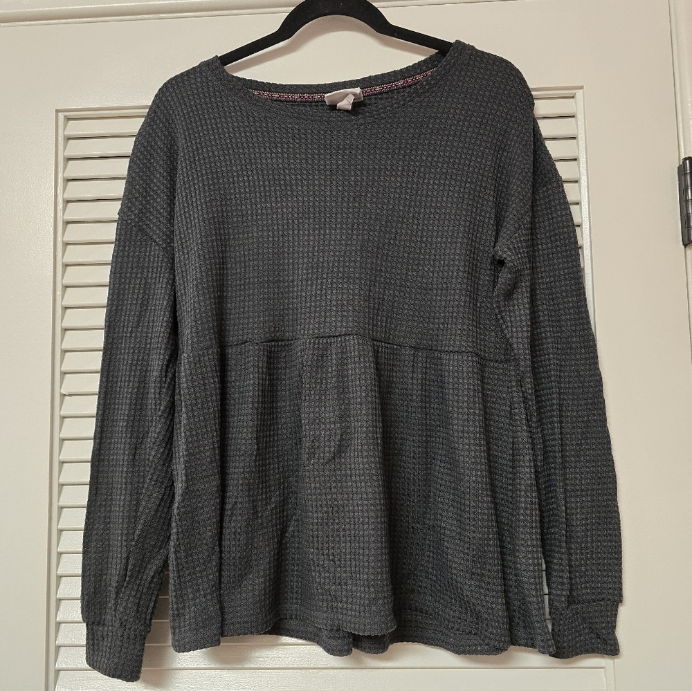 Knox Rose - Grey Waffle-Knit Material Long-Sleeve Top